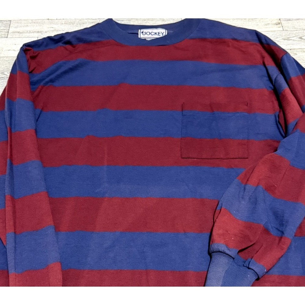 Jockey Mens Striped Pocket Tee T-Shirt Longsleeve Blue Red VINTAGE 80s 90s LARGE